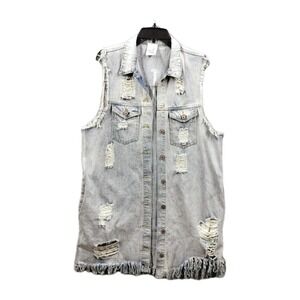 Distressed Denim Vest Acid Wash Frayed Hem Pockets Women's M Trucker Mini Dress